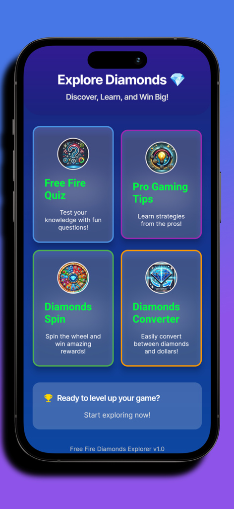 Diamonds Explorer For Freefire - Main menu of the Diamonds Explorer app for Free Fire featuring quiz tips spin and converter sections