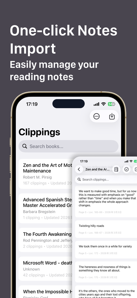 KindleMate - Send to Kindle - KindleMate app interface showing one click notes import and book clippings management