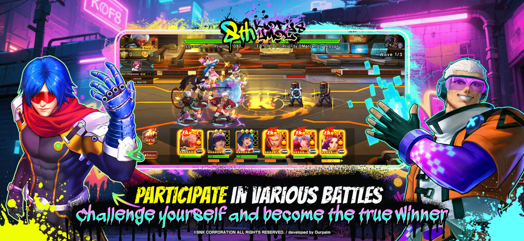 KOF 98 UM OL 8th anniversary battle gameplay screenshot with character cards and stylized graphics