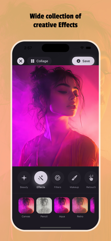 Photo Edit Studio+ - Interfaz de la aplicación Photo Edit Studio plus mostrando filtros artísticos y efectos creativos aplicados a un retrato