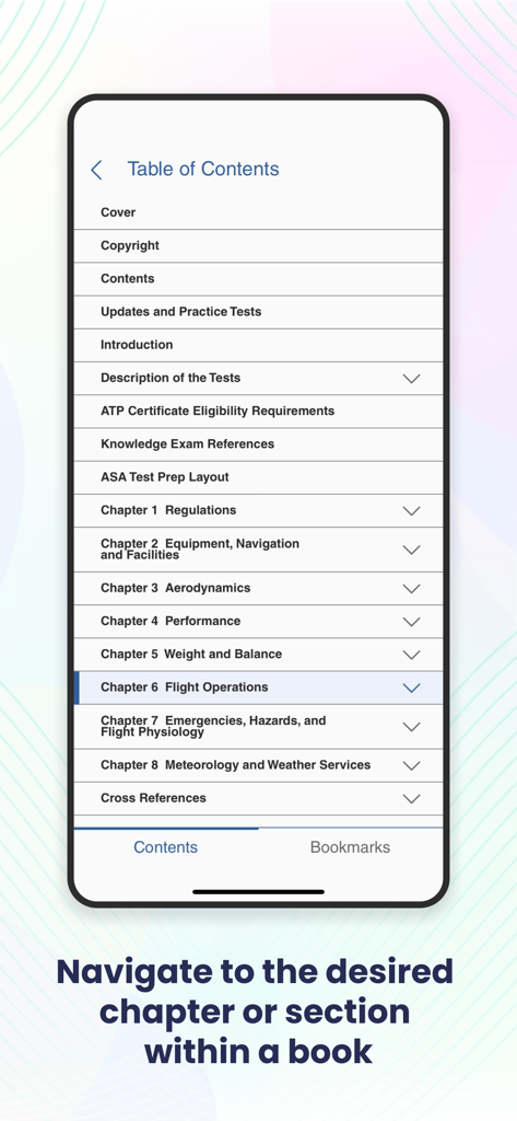 ASA Library - A smartphone screen displaying the interactive table of contents within the ASA Library app featuring aviation study chapters like Flight Operations and Aerodynamics.