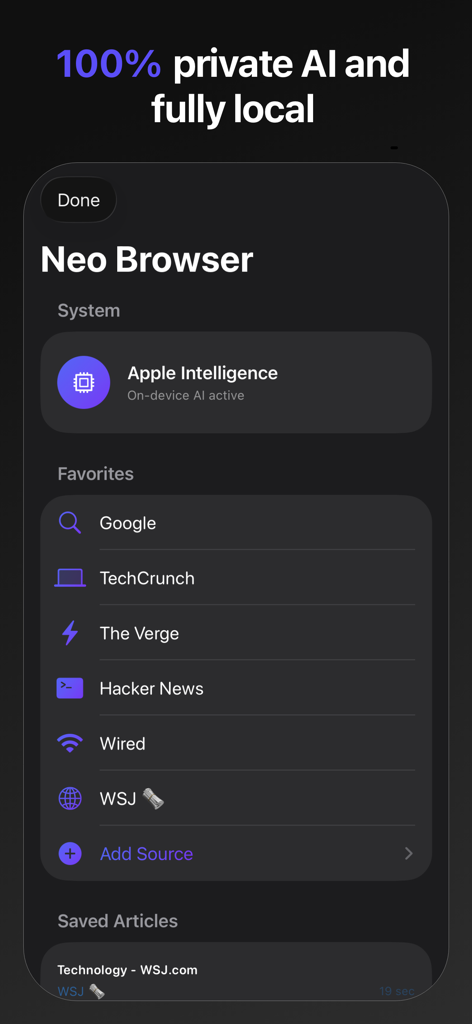 NEO Browser - Neo Browser interface showing private Apple Intelligence integration and favorite news sources like WSJ and TechCrunch