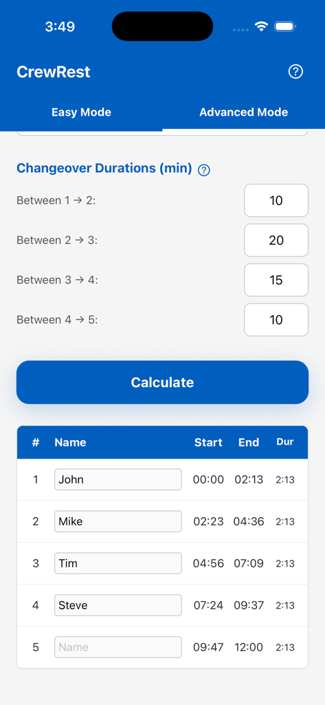 Crew Rest Calculator - Crew Rest Calculatorアプリのインターフェース。ズールータイムで休息期間に名前が割り当てられたカスタム交代時間を持つフライトクルーシフトローテーションが表示されています。