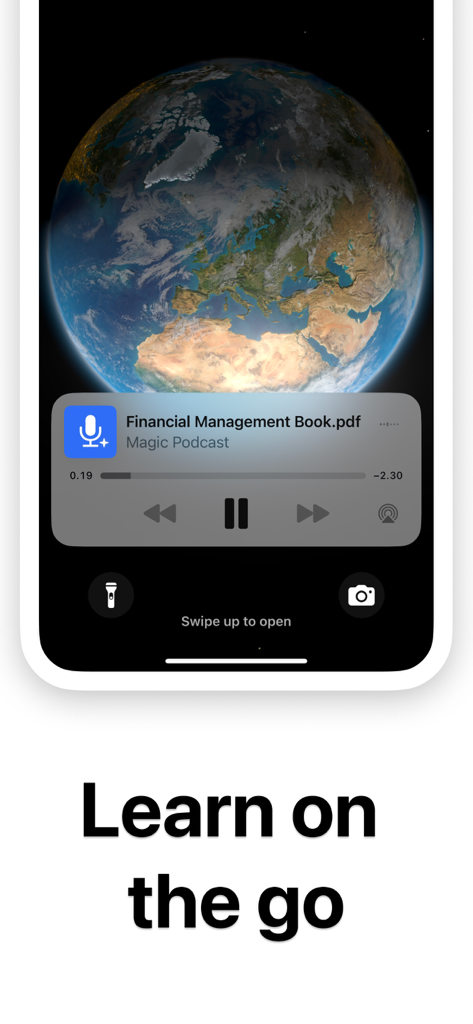 Notebook LM:Magic Podcast - AI podcast player on a mobile lock screen showing a financial book summary with the text Learn on the go