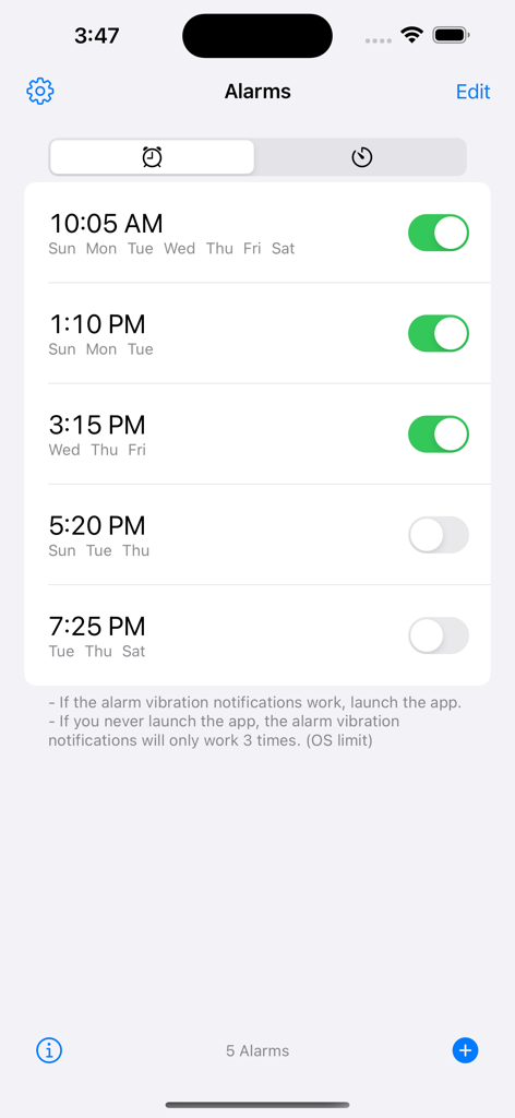 List of vibration alarms in the app showing multiple scheduled times with toggle switches.