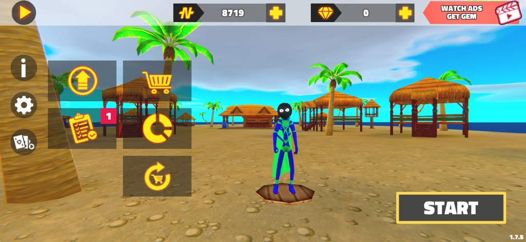 Stick Hero Simulator - A blue stickman superhero character standing on a tropical beach in the main menu of Stick Hero Simulator