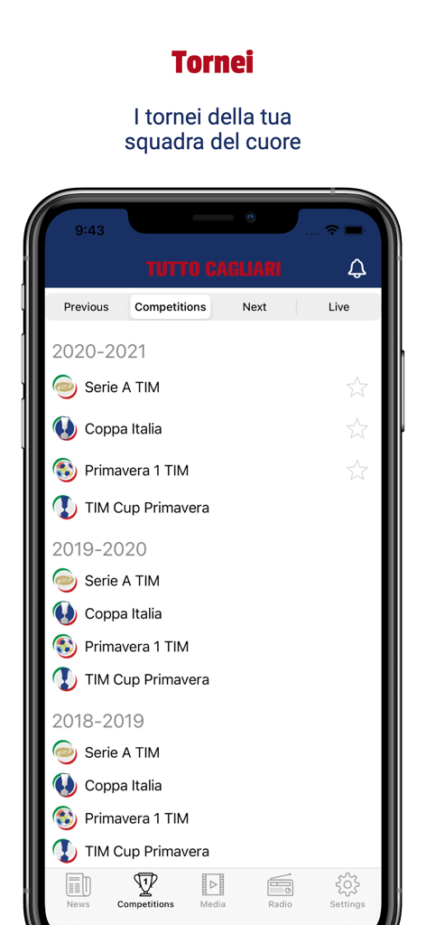 Tutto Cagliari - Historial de competiciones de la aplicación Tutto Cagliari que incluye Serie A y Coppa Italia.