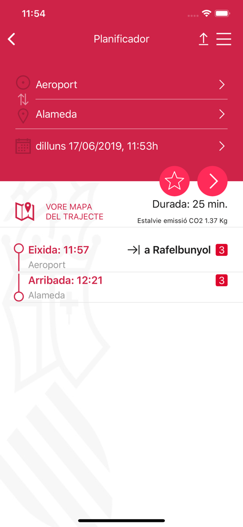 발렌시아 공항에서 알라메다까지의 지하철 경로 계획을 보여주는 메트로발렌시아 공식 앱 인터페이스