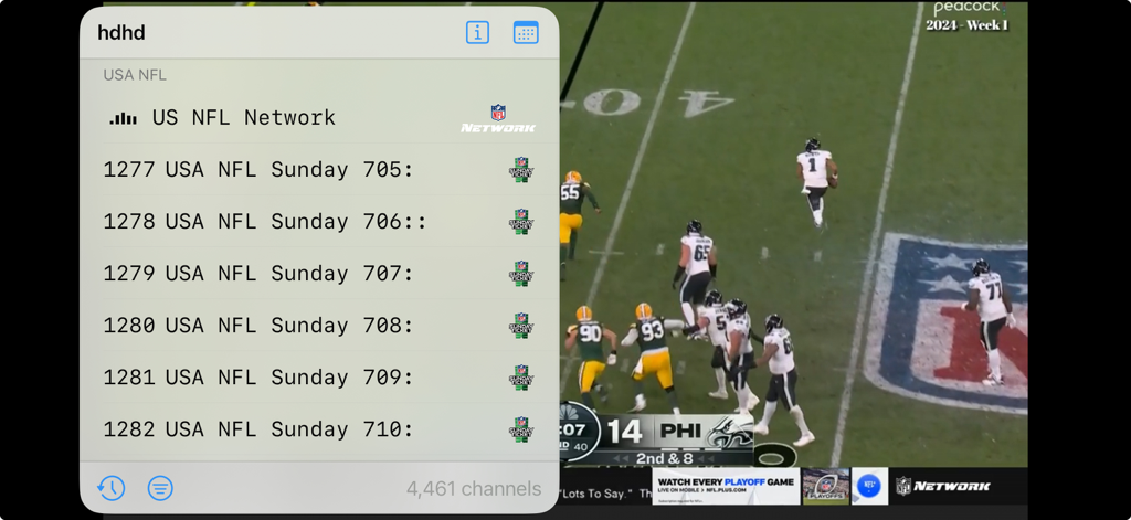 BestTV - Live Stream Player - BestTV app interface showing a live NFL game with a channel list overlay