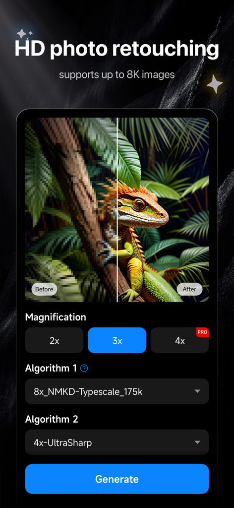 SD - AI Art Photos Generator - Before and after comparison of AI photo retouching and upscaling feature for high quality images.