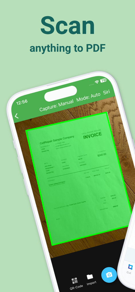 Docutain mobile app scanning a cell phone repair invoice to create a high quality PDF document.
