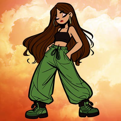 girl in baggy pants crop top and long hair