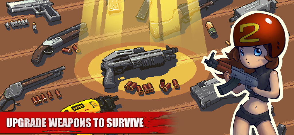 Dead Ahead: Zombie bike racing - Pixel art weapon upgrade screen featuring a character and various firearms in Dead Ahead