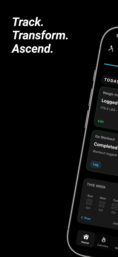 Ascend Fitness-Calories/Gym - Ascend Fitness app dashboard showing workout and weight tracking progress
