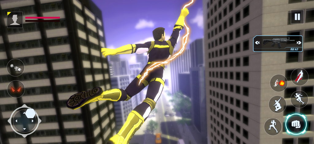 Spider Super Rope Hero Fighter - Un superhéroe con un traje negro y amarillo oscilando entre edificios de la ciudad con una cuerda de energía brillante