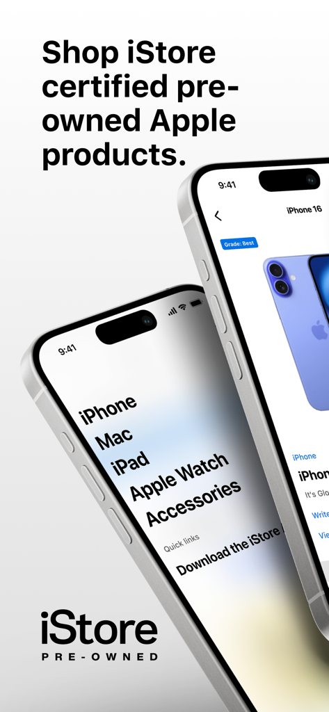 The iStore Pre-owned app interface displaying certified Apple products like iPhones and iPads