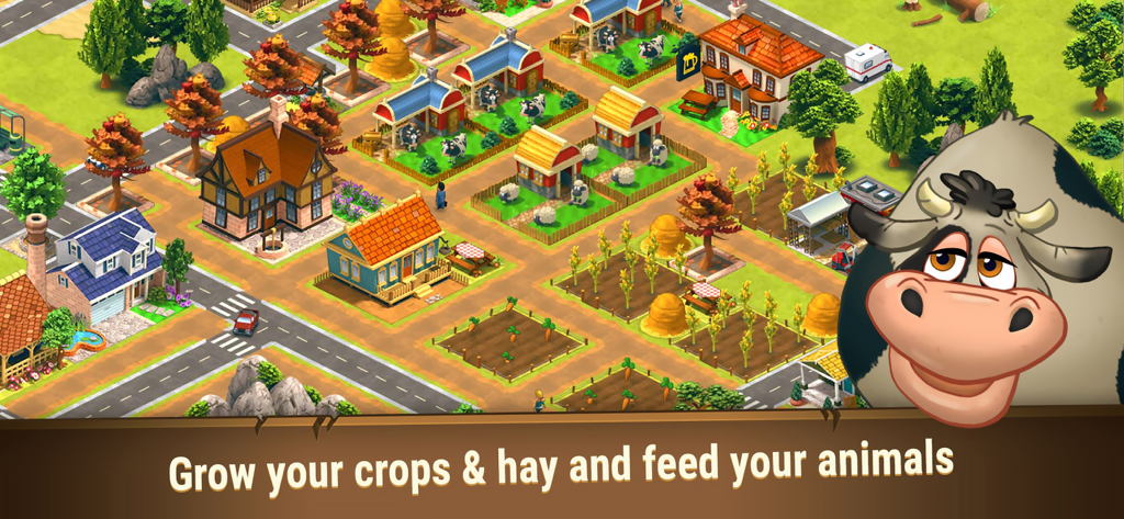 A colorful isometric view of a farm village with crops, animal pens, and a cartoon cow.