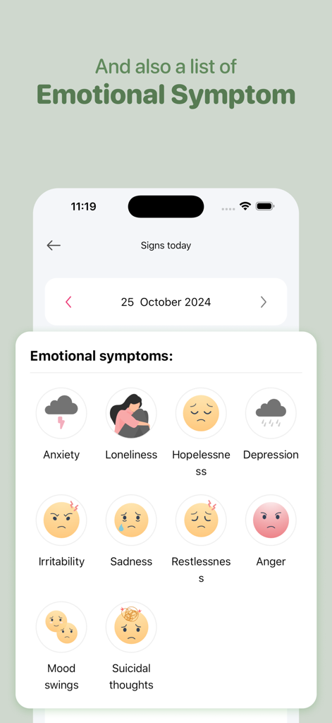 Impo Health - Interface of the Impo Health app displaying a list of emotional symptoms like anxiety and depression for users to track.
