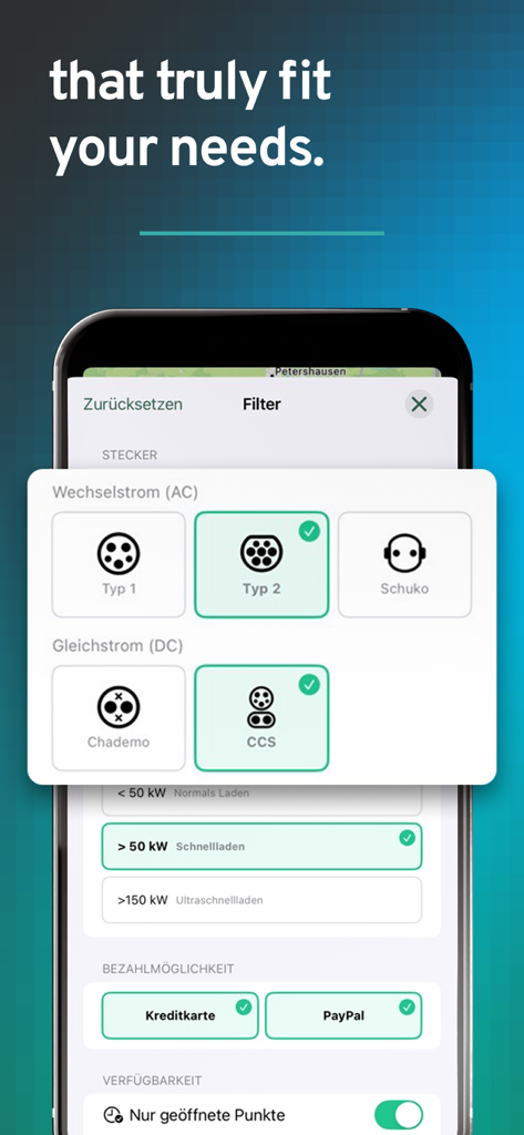 ladeapp – EV charging stations - Interface of ladeapp showing smart filters for EV charging station plug types and payment options