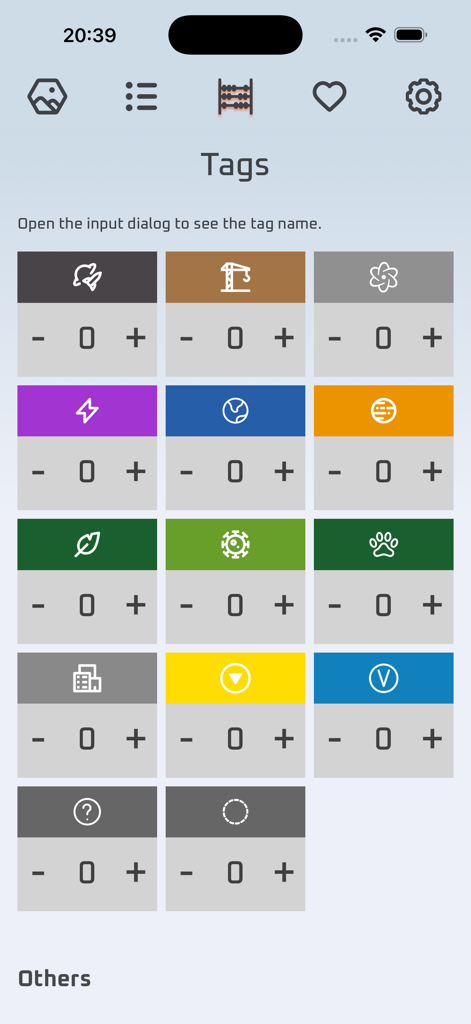 Terraforming Companion - Interface of the Terraforming Companion app showing a grid of different game tag icons with numerical counters
