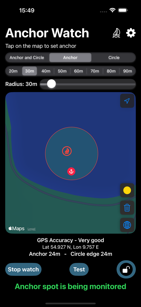 Ankerwache Pro - Ankerwache Proアンカーウォッチインターフェース。GPSモニタリング付きの地図上にボートの位置と安全半径を表示。