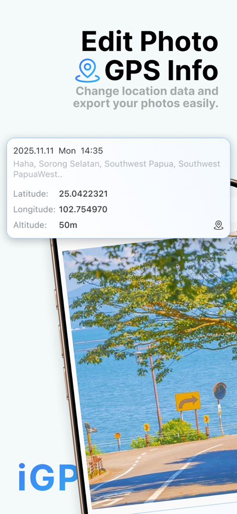 iGPS Spoofer: Location Changer - Smartphone-Oberfläche, die die Funktion zur Bearbeitung von Fotometadaten für GPS anzeigt