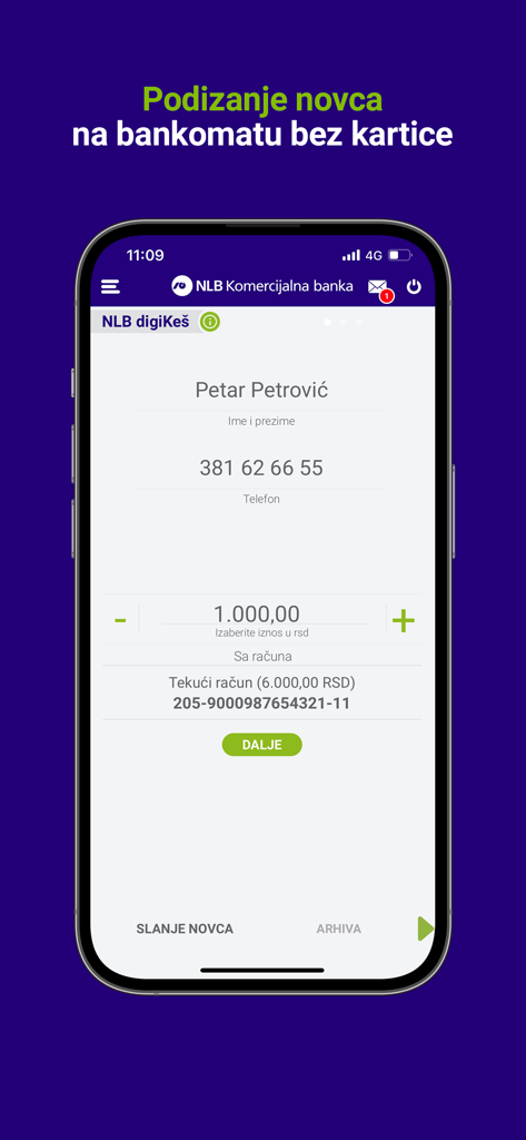 NLB mKlik Srbija mobile banking app interface showing the digiKes cardless ATM cash withdrawal feature.
