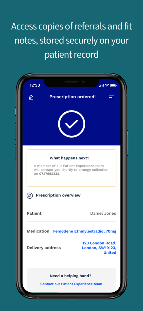 AXA Doctor At Hand - Écran de smartphone montrant l'application AXA Docteur à portée de main avec une confirmation de commande d'ordonnance et les détails de livraison
