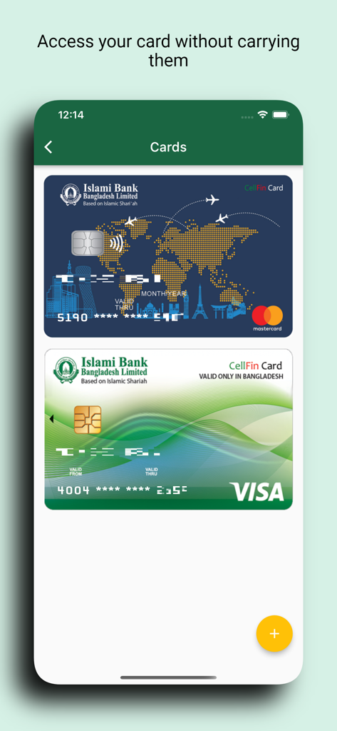 Eine Anzeige von virtuellen Mastercard- und Visa-Karten innerhalb der CellFin Mobile App der Islami Bank Bangladesh