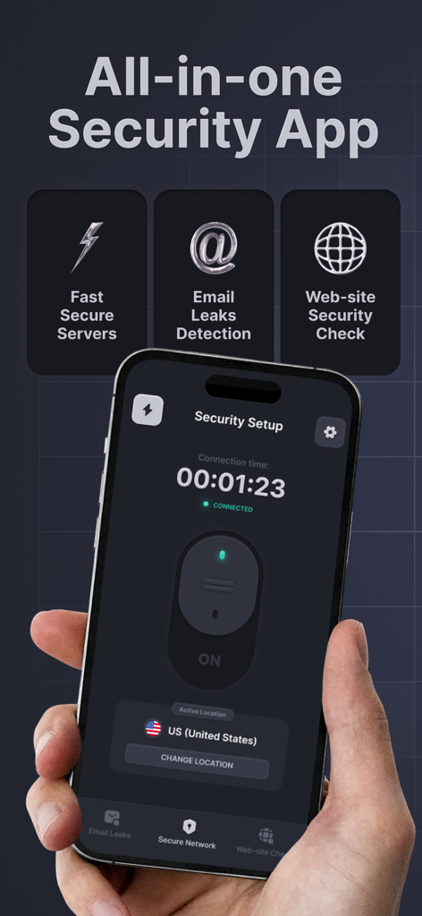 Mobile Security - Protectarius - Protectarius mobile security app interface showing VPN connection status and security features