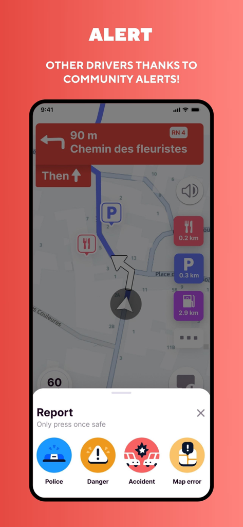 Truckfly - Truck GPS - Truckfly-App-Bildschirm zum Melden von Straßengefahren und Polizeiwarnungen mit Community-Karte