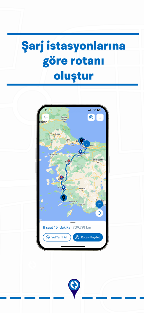 ChargeIQ-Tüm Şarj İstasyonları - ChargeIQ mobile App-Oberfläche, die eine E-Auto-Routenplanung mit Symbolen von Ladestationen auf einer Karte anzeigt