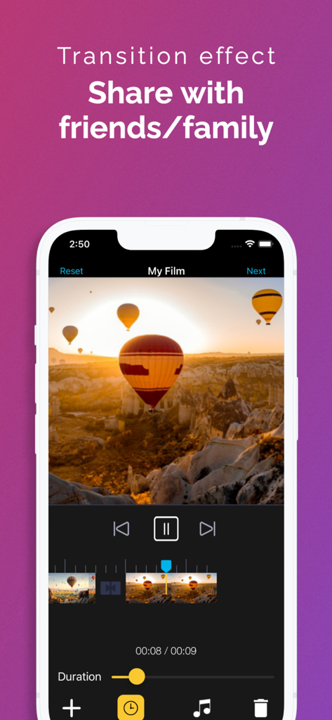Slideshow with Music Maker App - Interface de l'application mobile pour créer des diaporamas vidéo avec des effets de transition et des fonctionnalités de partage