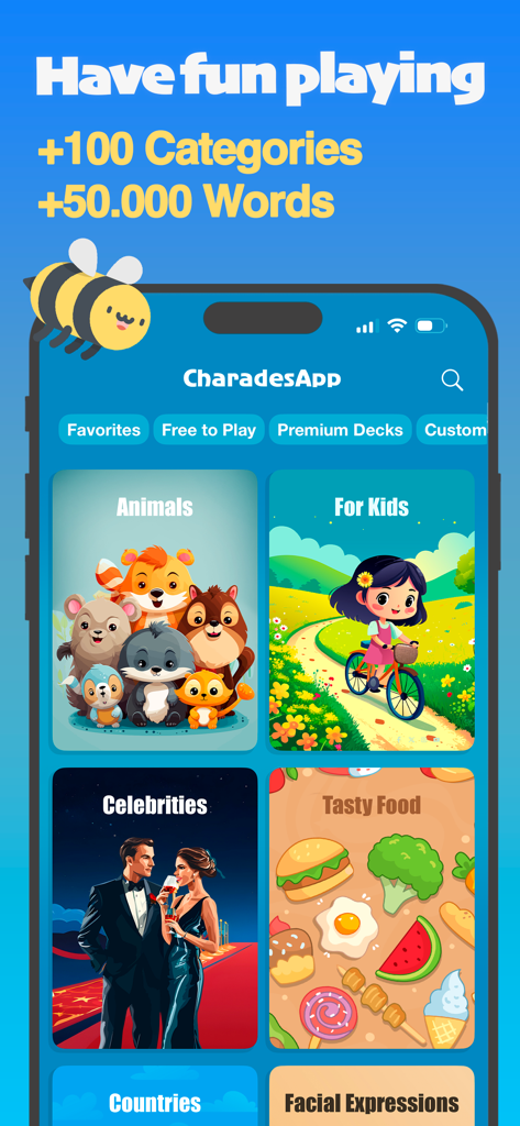 Charades & Headbands Game - Screenshot of the Charades and Headbands app showing different game categories like Animals and Celebrities