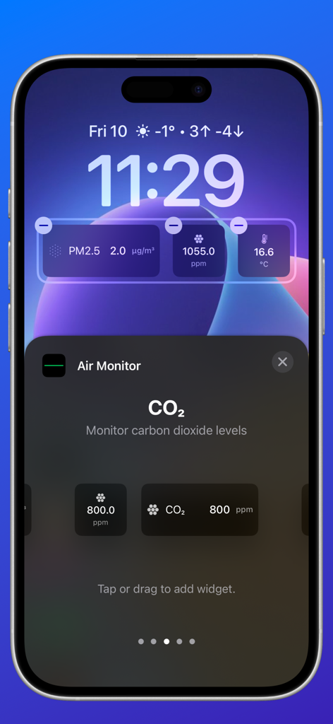 Air Quality Watch - iPhone lock screen with air quality monitor widgets for CO2 and PM2.5
