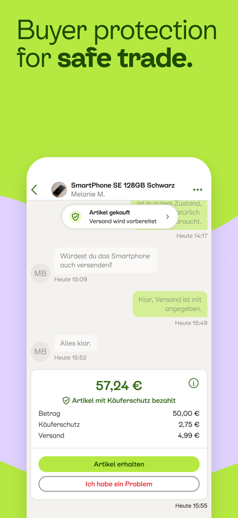 Kleinanzeigen - without eBay - Interfaz de chat de la app Kleinanzeigen mostrando una transacción con protección al comprador para un intercambio seguro.
