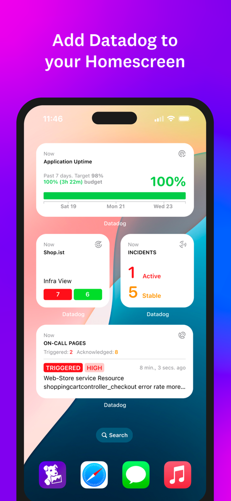 Datadog - Datadog iOSホーム画面ウィジェット。アプリケーションの稼働時間、アクティブなインシデント、オンコールアラートをリアルタイムで表示