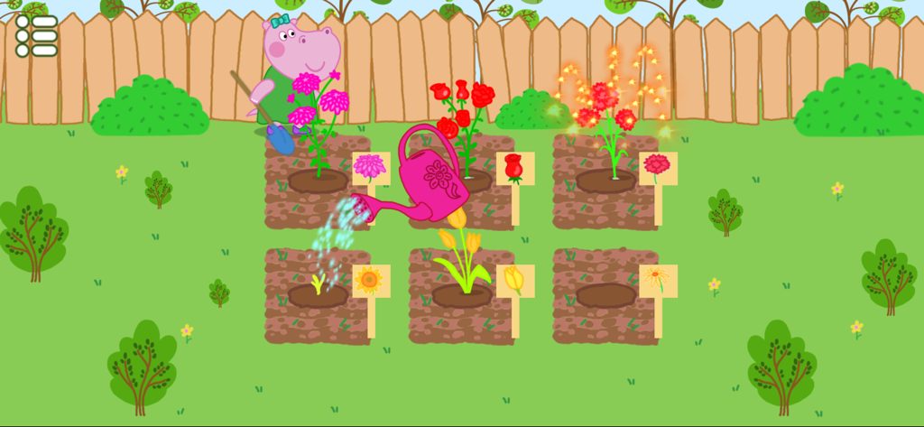 Wedding party planner game new - Personaje de hipopótamo rosa regando varias flores en un jardín con una regadera rosa