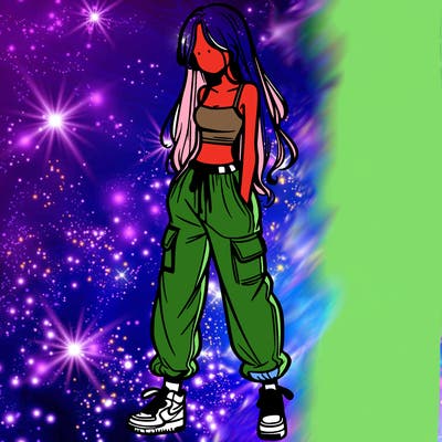 girl in baggy pants crop top and long hair