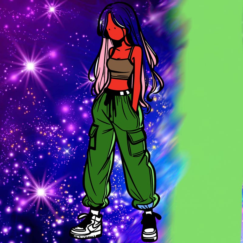 girl in baggy pants crop top and long hair