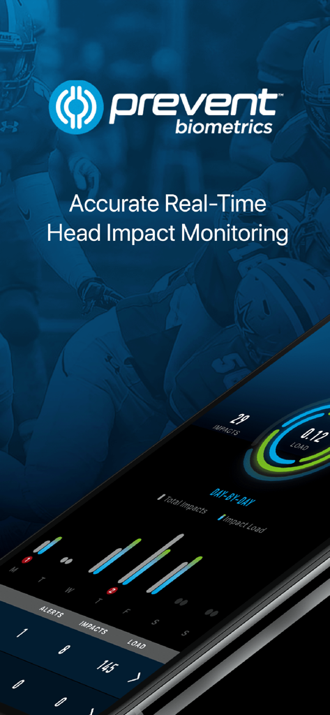 Prevent Biometrics app interface showing real-time head impact data and analytics