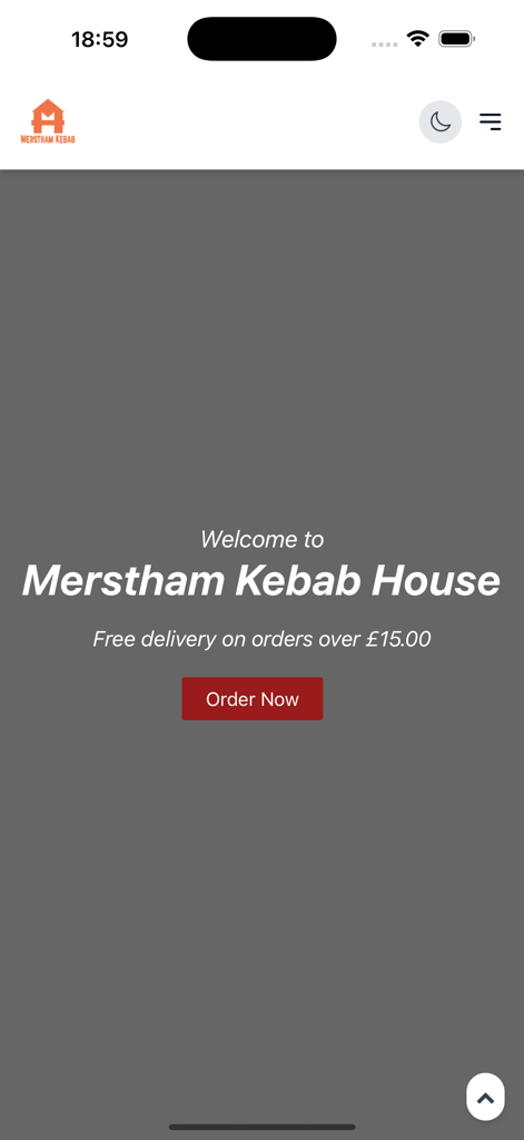 Merstham Kebab House - Home screen of Merstham Kebab House mobile app featuring a welcome message and an order now button.