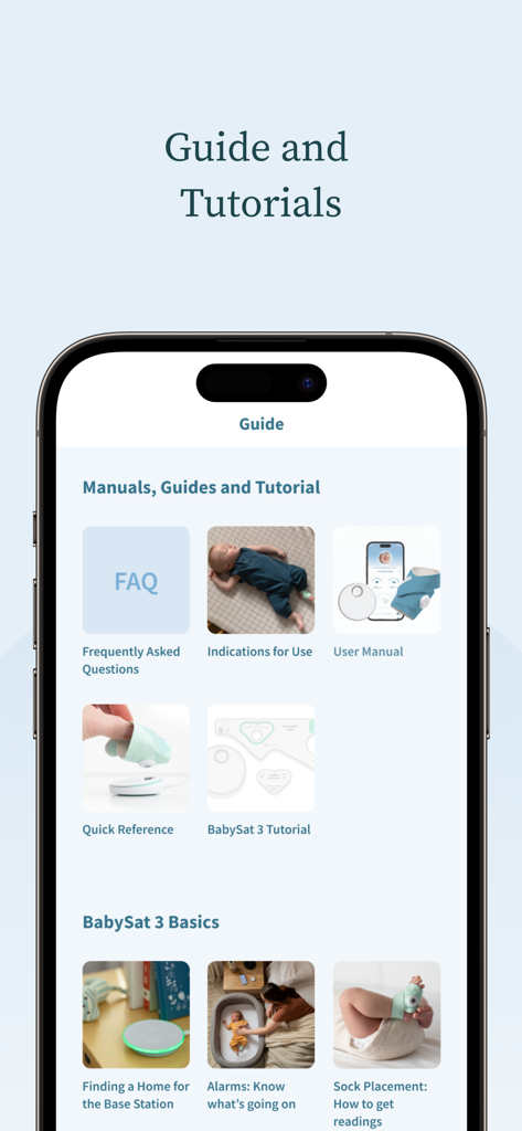 Owlet Care plus 앱에 BabySat 모니터링 시스템에 대한 설명서 및 기본 사항이 포함된 가이드 및 튜토리얼 섹션이 표시됩니다.