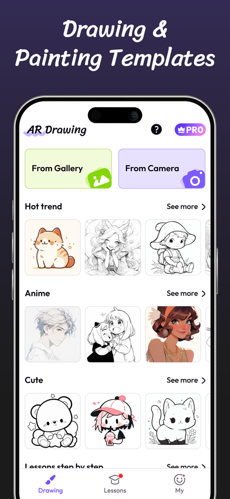 AR Drawing Paint Sketch Trace - Screenshot of the AR Drawing app displaying its library of drawing and painting templates including anime and cute characters.