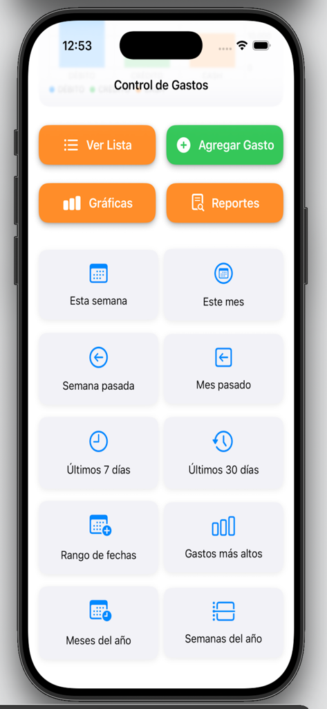 GASTOTES - Painel do aplicativo móvel Gastotes com botões para adicionar despesas e visualizar relatórios financeiros