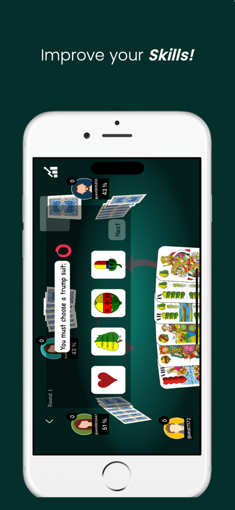 Bela - Belote Online - Gameplay of Bela Belote Online where players choose the trump suit at a virtual card table