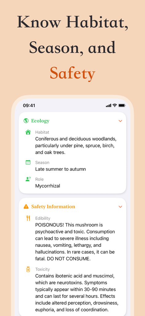 Mushroom Identifier & Forage - Mobile app screen displaying mushroom ecology details and critical safety warnings regarding poisonous fungi