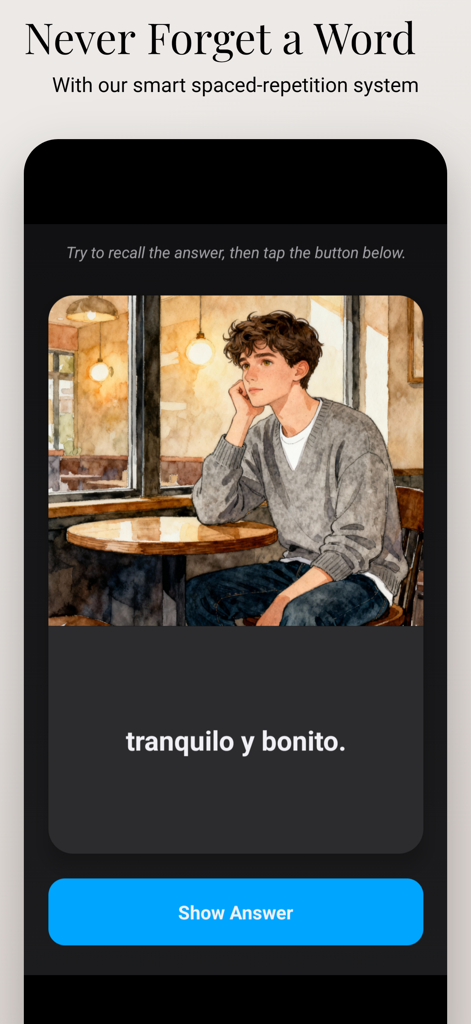 Inklingo: Spanish Stories - Um flashcard de vocabulário no aplicativo Inklingo mostrando um homem em um café com texto em espanhol e uma interface de aprendizado SRS.