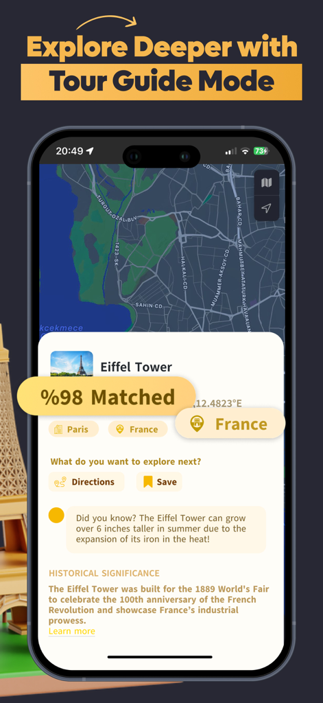 AI Photo Location Finder：GeoAI - AI Photo Location Finder app showing historical facts and travel details for the Eiffel Tower in Tour Guide Mode