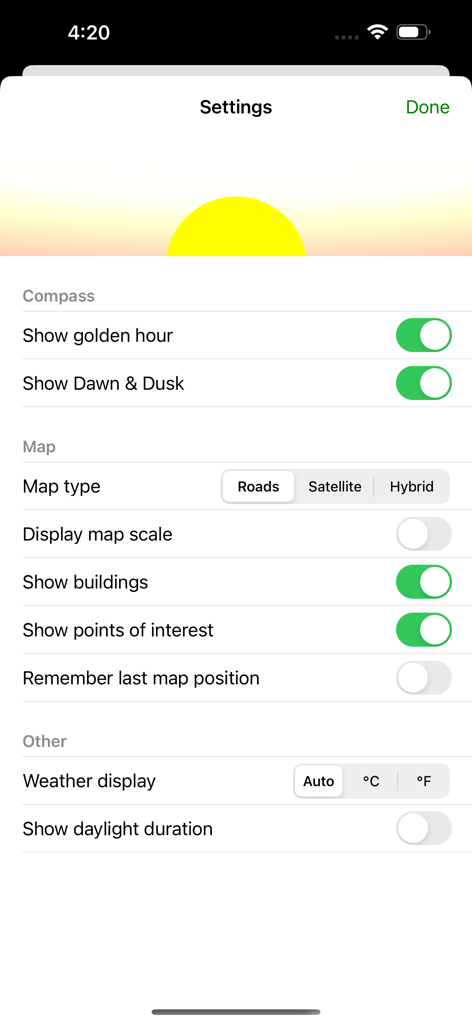 SunCalc.net - Settings menu of the SunCalc app showing configuration options for golden hour map types and weather display